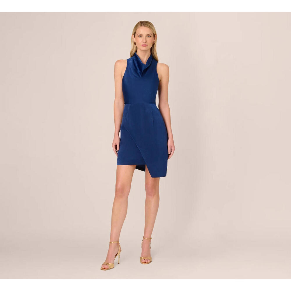 Adrianna Papell Satin Sleeveless Asymmetric Dress Draped Neckline Navy sz 20 NWT